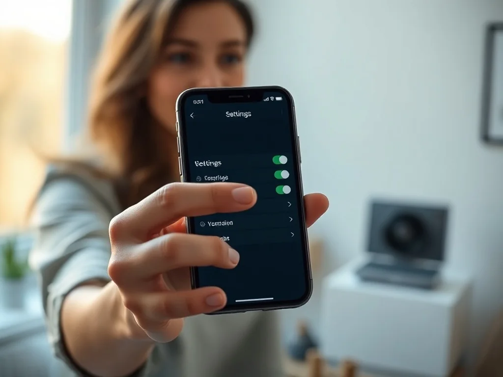 Kobieta trzymająca iPhone'a z otwartym menu ustawień w jasnym, nowoczesnym biurze.