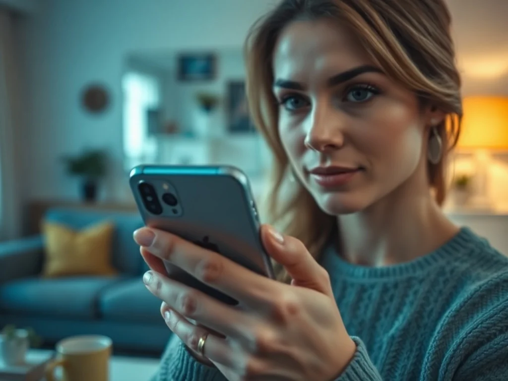 Kobieta trzymająca iPhone'a w dłoni w przytulnym salonie, przygotowująca się do obsługi ekranu dotykowego.