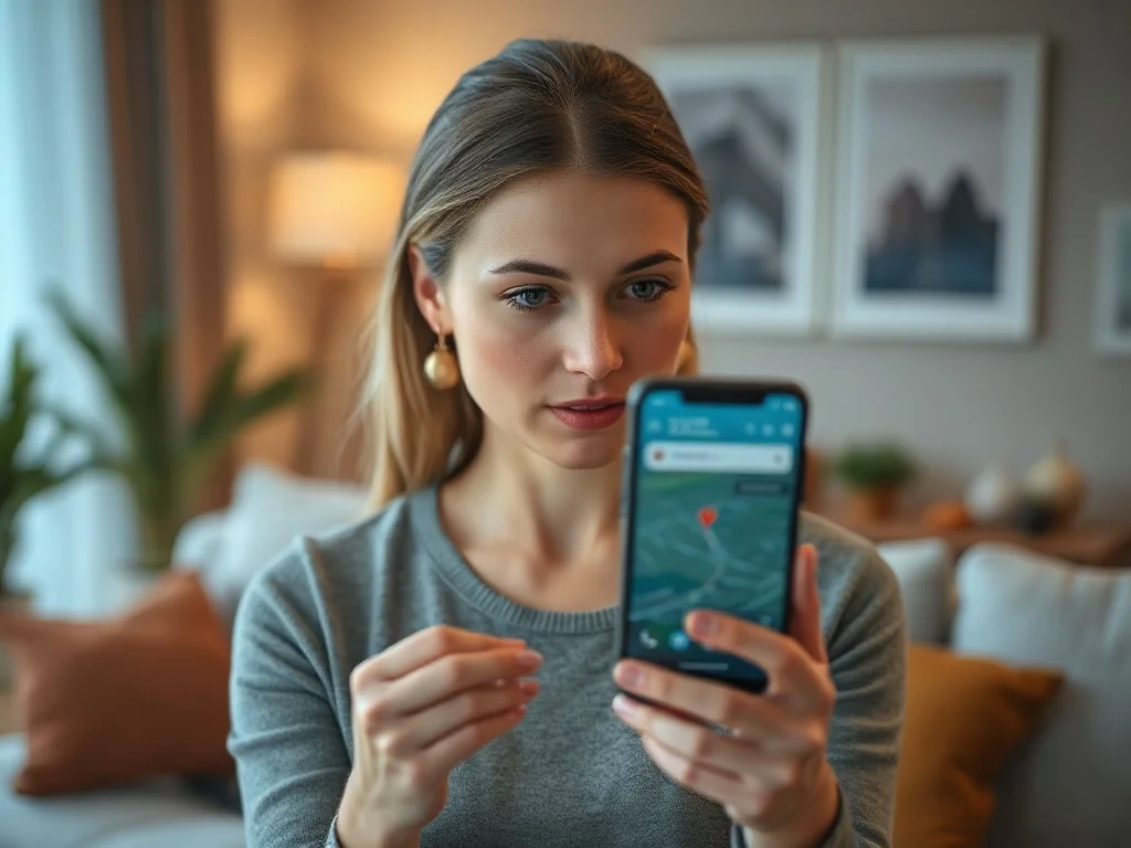 Kobieta trzymająca smartfon z wyświetloną mapą, ilustrująca proces lokalizowania urządzenia.