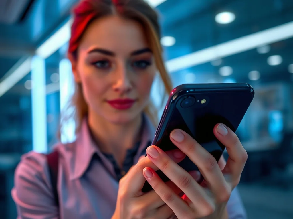 Kobieta trzymająca nowoczesny smartfon z wyraźnym, płynnym obrazem na ekranie w minimalistycznym biurze.