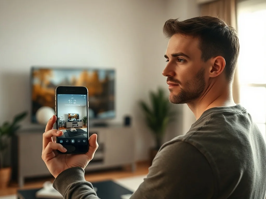 Mężczyzna trzyma iPhone'a skierowanego w stronę telewizora, na którym wyświetlany jest interfejs bezprzewodowego udostępniania ekranu.