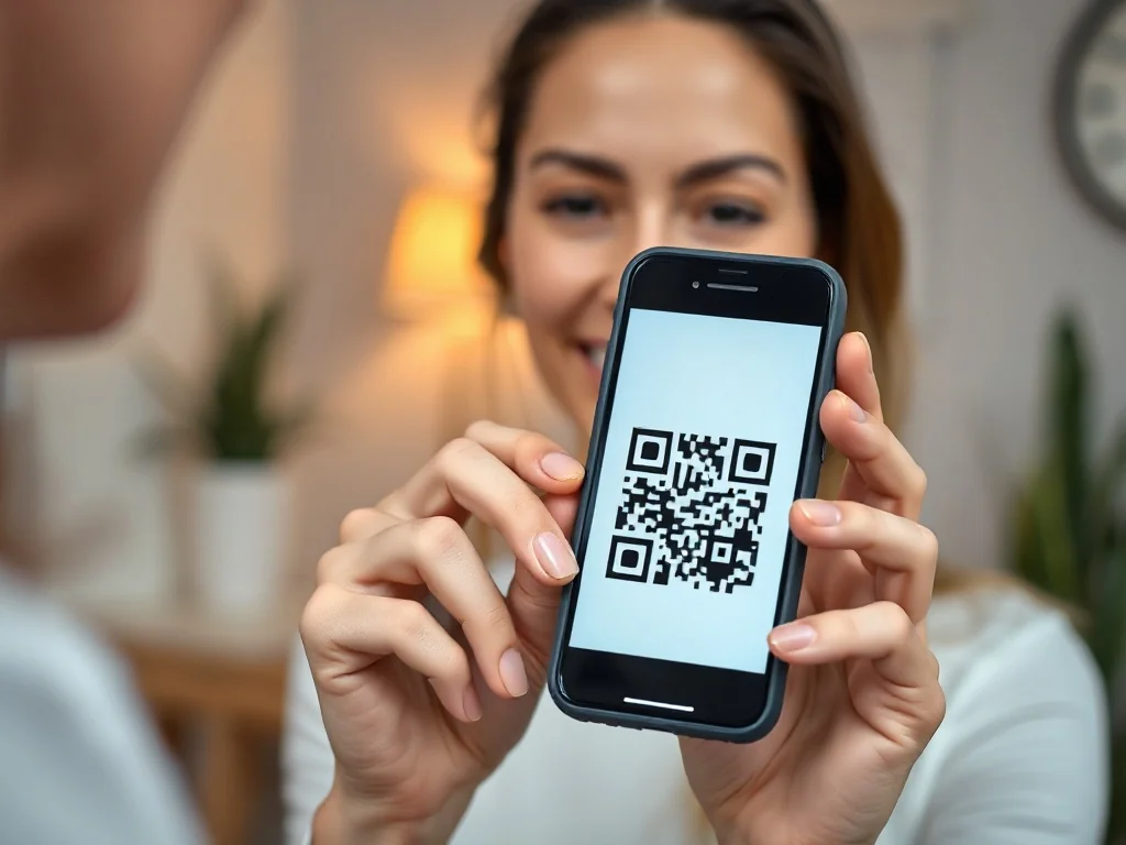 Kobieta trzymająca smartfon z otwartym interfejsem skanowania kodu QR w minimalistycznym biurze.