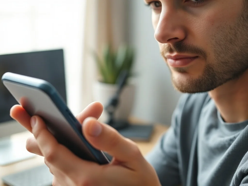 Mężczyzna trzymający smartfon w dłoni, przygotowujący się do obsługi urządzenia w minimalistycznym biurze.