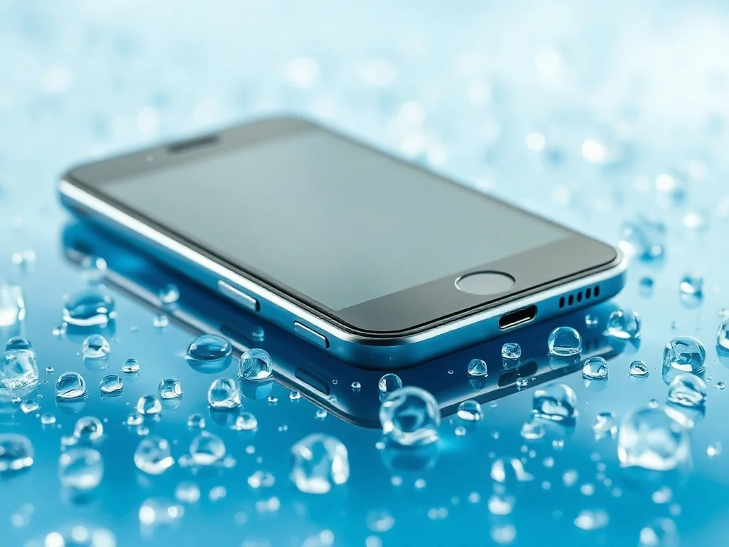 Smartfon leżący na mokrej powierzchni z widocznymi kroplami wody, podkreślający odporność urządzenia na zachlapania.