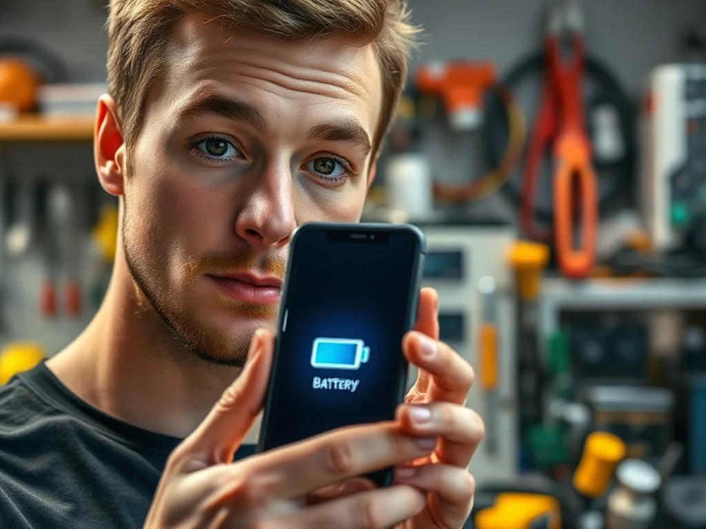 Mężczyzna trzyma smartfon z ikoną baterii na ekranie na tle profesjonalnego serwisu elektroniki.