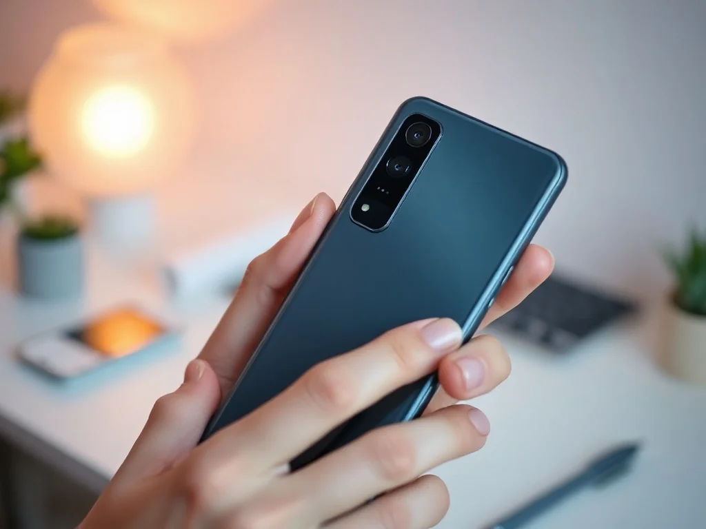 Zbliżenie na elegancki tył iPhone'a 12 z widocznym modułem aparatu, trzymanego w dłoni na tle minimalistycznego biurka.