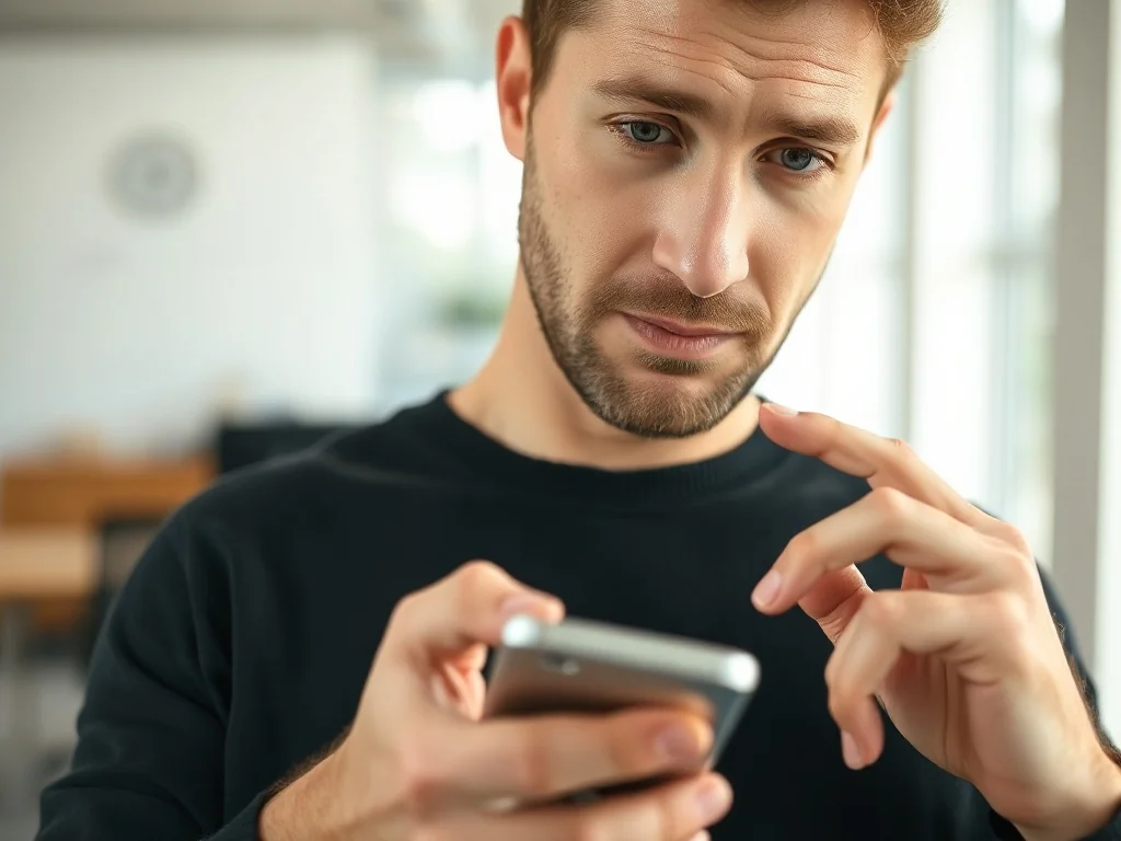 Mężczyzna trzymający nowoczesny smartfon i dotykający ekranu w jasnym, minimalistycznym biurze.