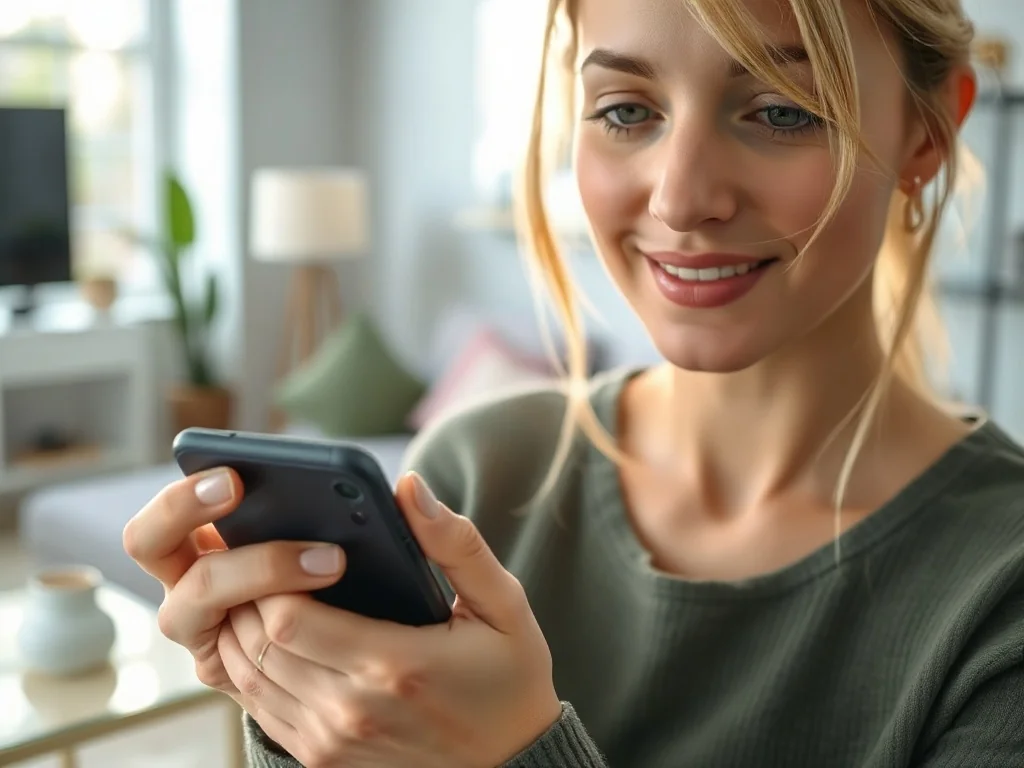 Kobieta ustawia nową tapetę na ekranie nowoczesnego smartfona w jasnym, przytulnym wnętrzu.