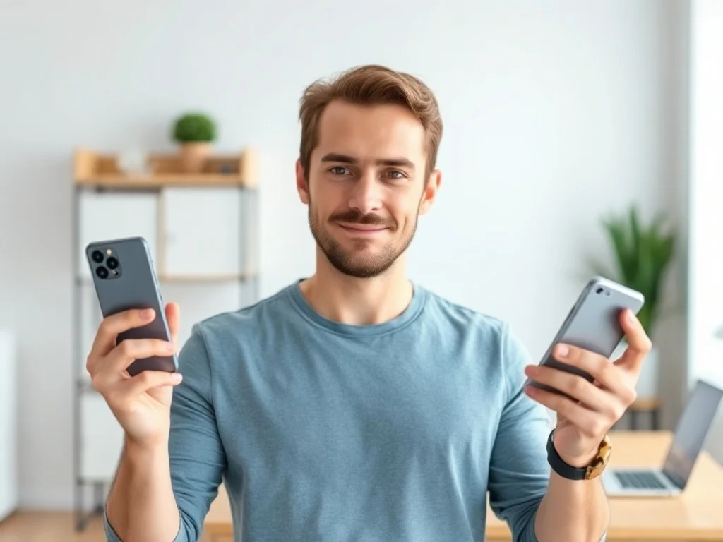 Mężczyzna trzymający w dłoniach nowoczesny smartfon oraz starszy telefon z systemem Android w minimalistycznym biurze.