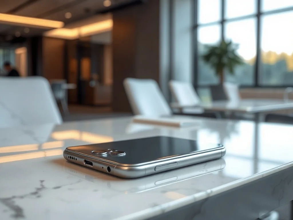 Srebrny iPhone 16 Pro Max leżący na marmurowym biurku, podkreślający elegancki design i zaawansowany system aparatów.