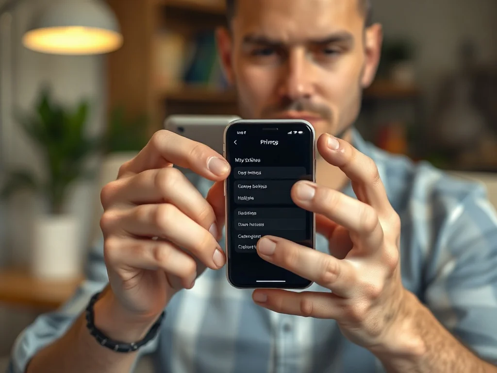 Dłoń mężczyzny zmieniająca ustawienia prywatności i lokalizacji w menu smartfona iPhone.