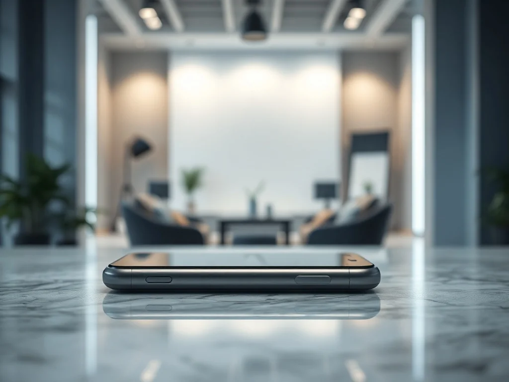 Elegancki smartfon z tytanową obudową na marmurowym blacie, prezentujący nowoczesny design nadchodzącego modelu.