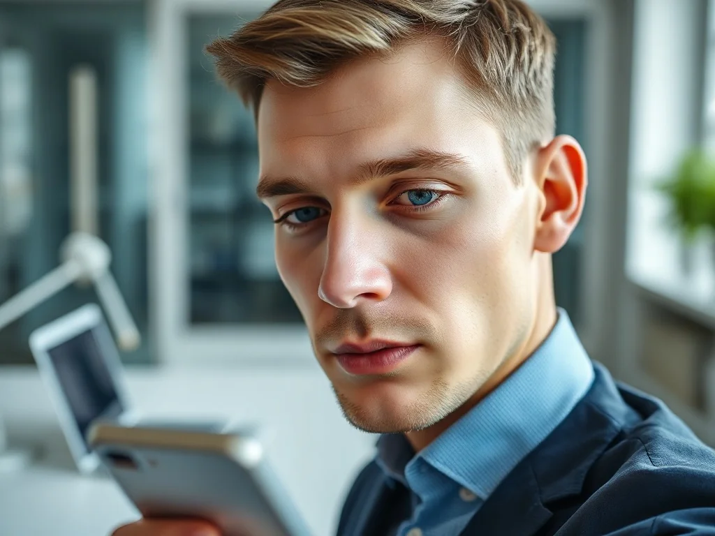 Mężczyzna w nowoczesnym biurze zamyślony nad ekranem smartfona, sprawdzający ustawienia pamięci urządzenia.