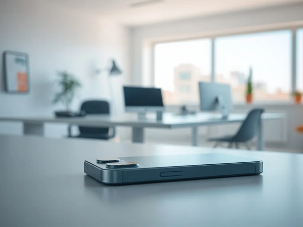 iPhone 15 leżący na minimalistycznym biurku w jasnym, nowoczesnym biurze. Eksponuje smukły design i estetykę urządzenia.